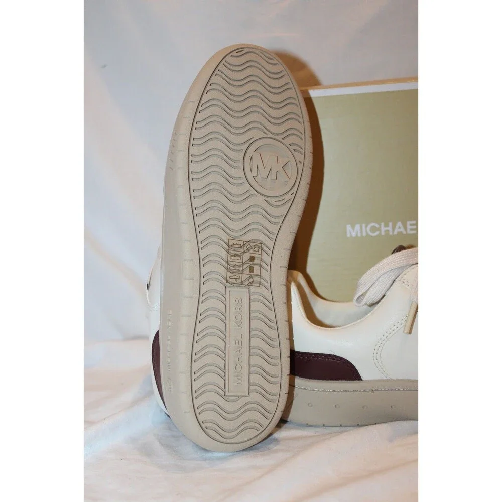 MICHAEL KORS Kai Lace Up Women's Faux Leather Sneakers White Burgundy NEW 7.5